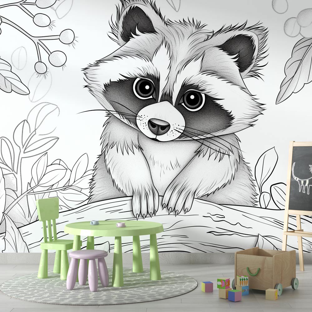 Black and white forest animal wallpaper featuring raccoon design styled in a modern Scandinavian nursery with natural wood furniture