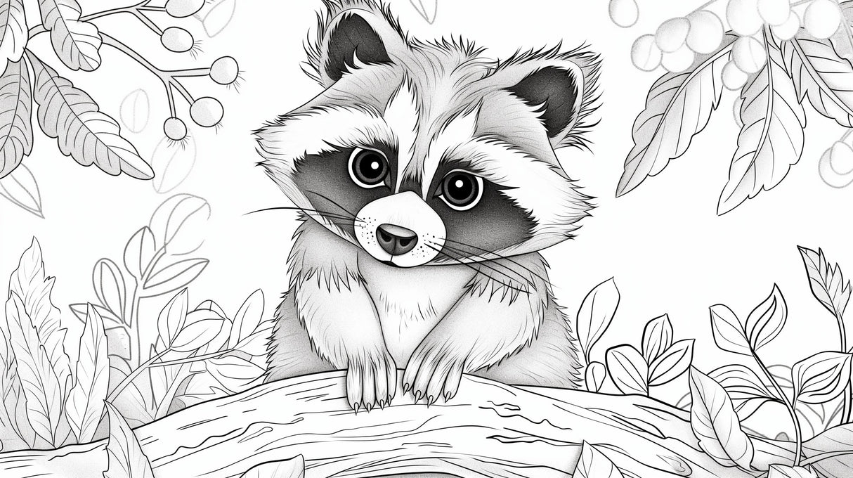 Black and white raccoon wallpaper design file showing detailed line art pattern with woodland elements
