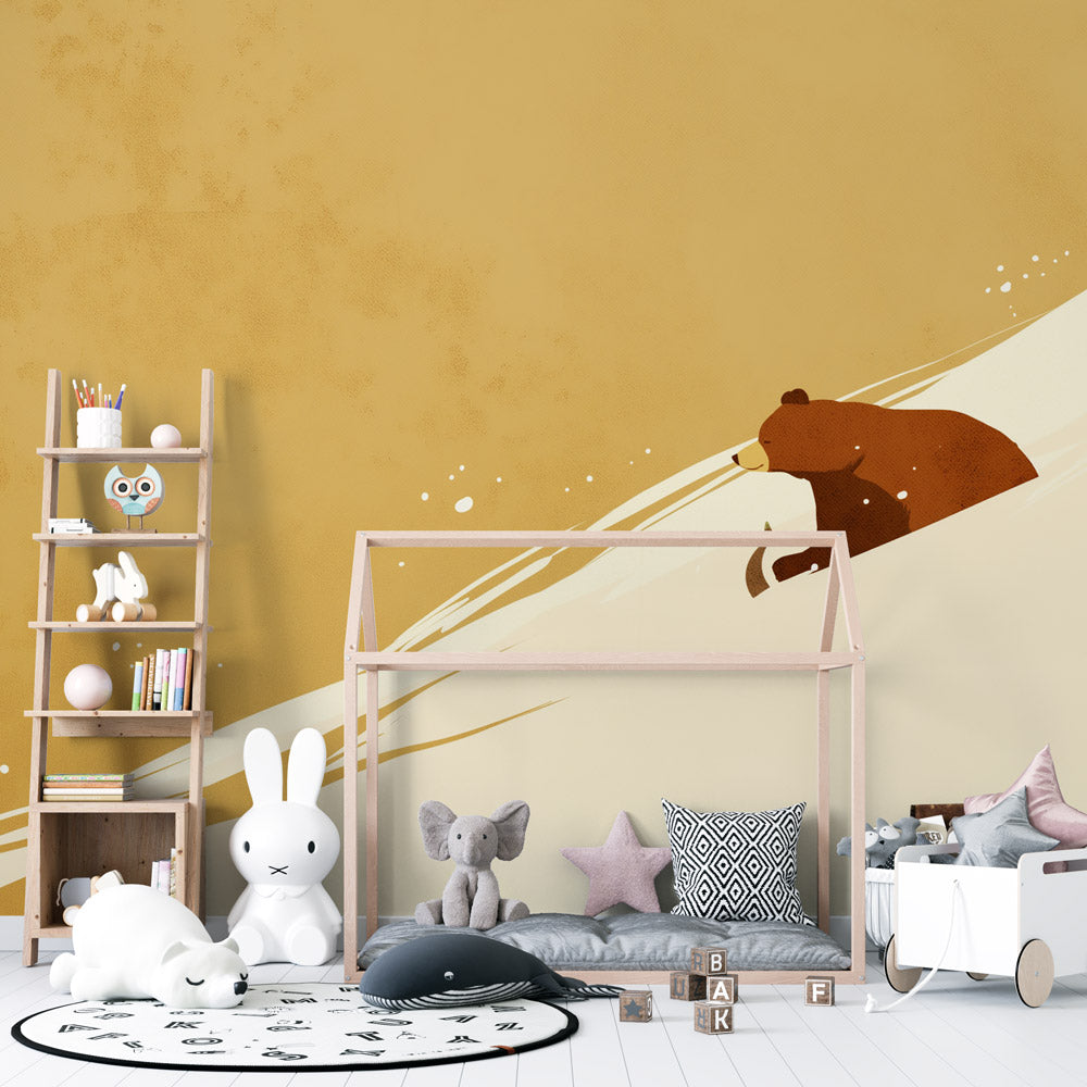 Forest animal wallpaper in modern nursery showing brown bear mural creating cozy reading nook