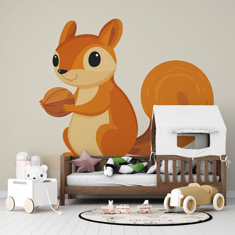 Forest animal wallpaper in bright nursery showing cheerful squirrel design, creating a cozy reading corner