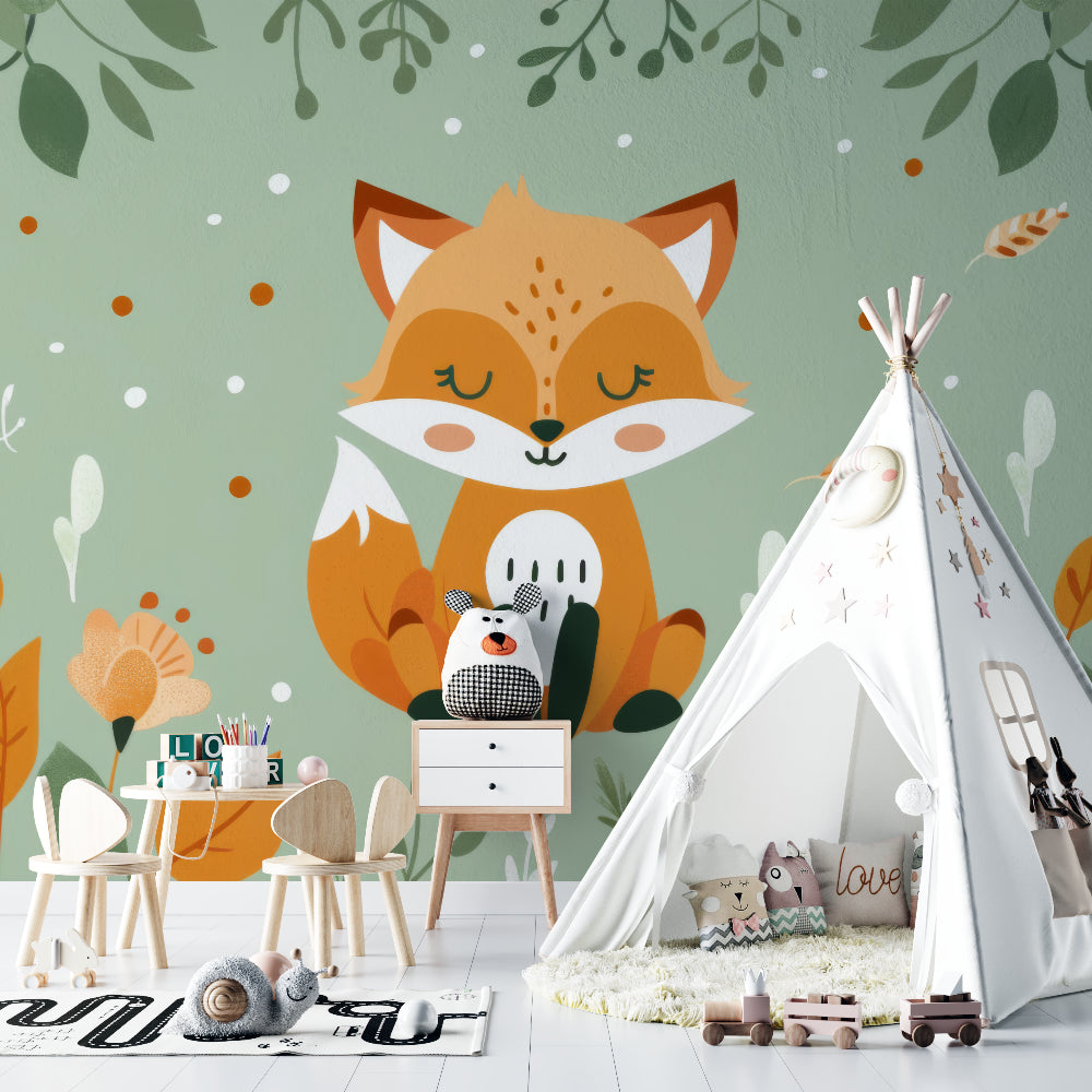 Forest fox wallpaper creating a cozy atmosphere in a modern nursery with white furniture