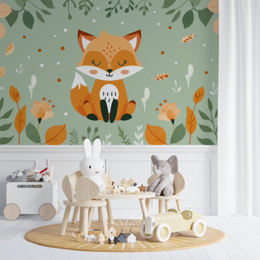 Woodland animal wallpaper displayed in a playful kids bedroom with natural decor