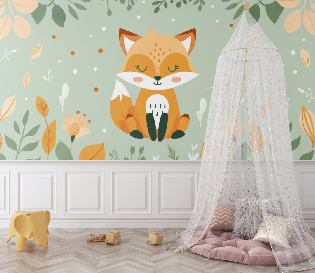 Fox mural wallpaper bringing warmth to a reading nook with soft lighting
