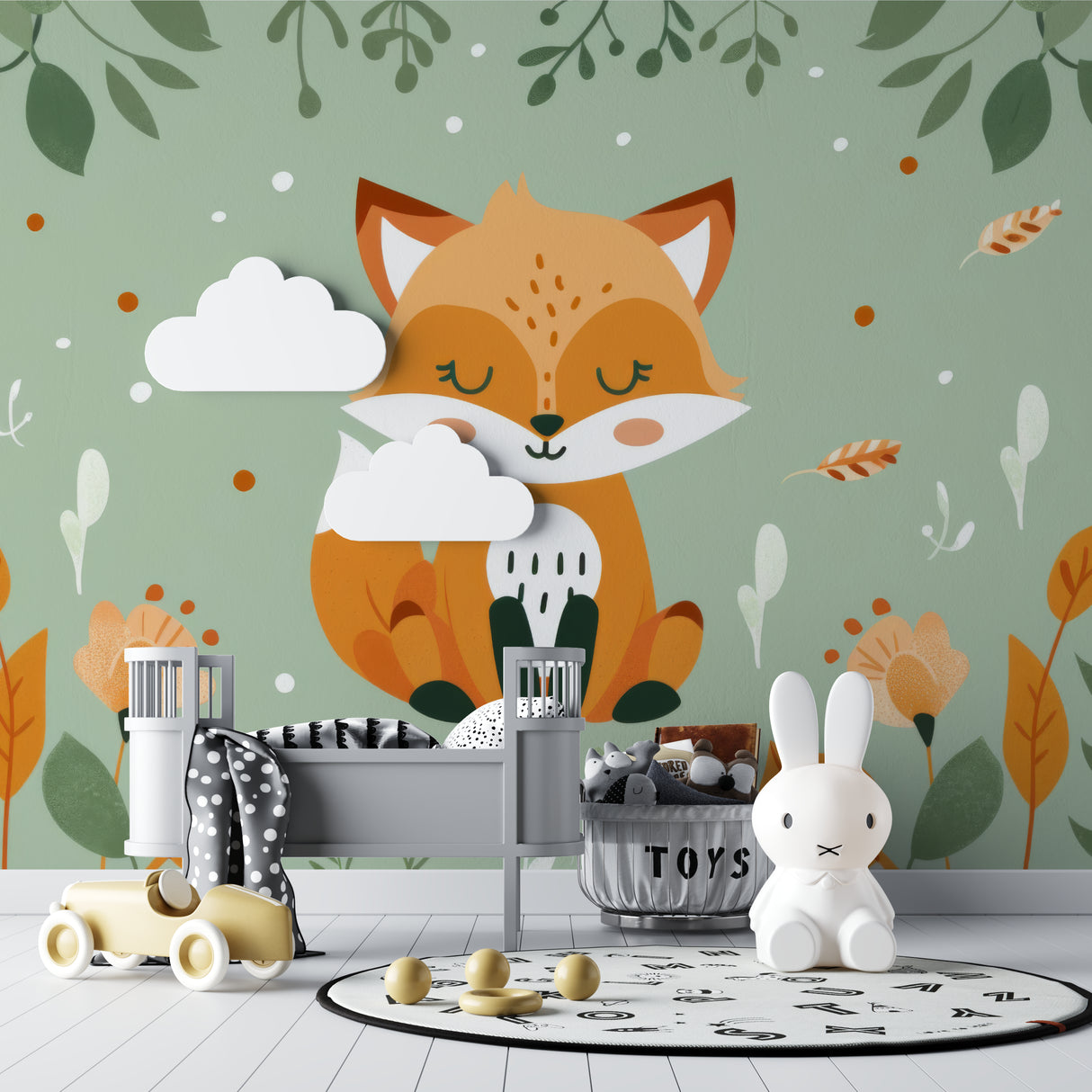 Forest themed wall mural showcased in a gender-neutral nursery setting