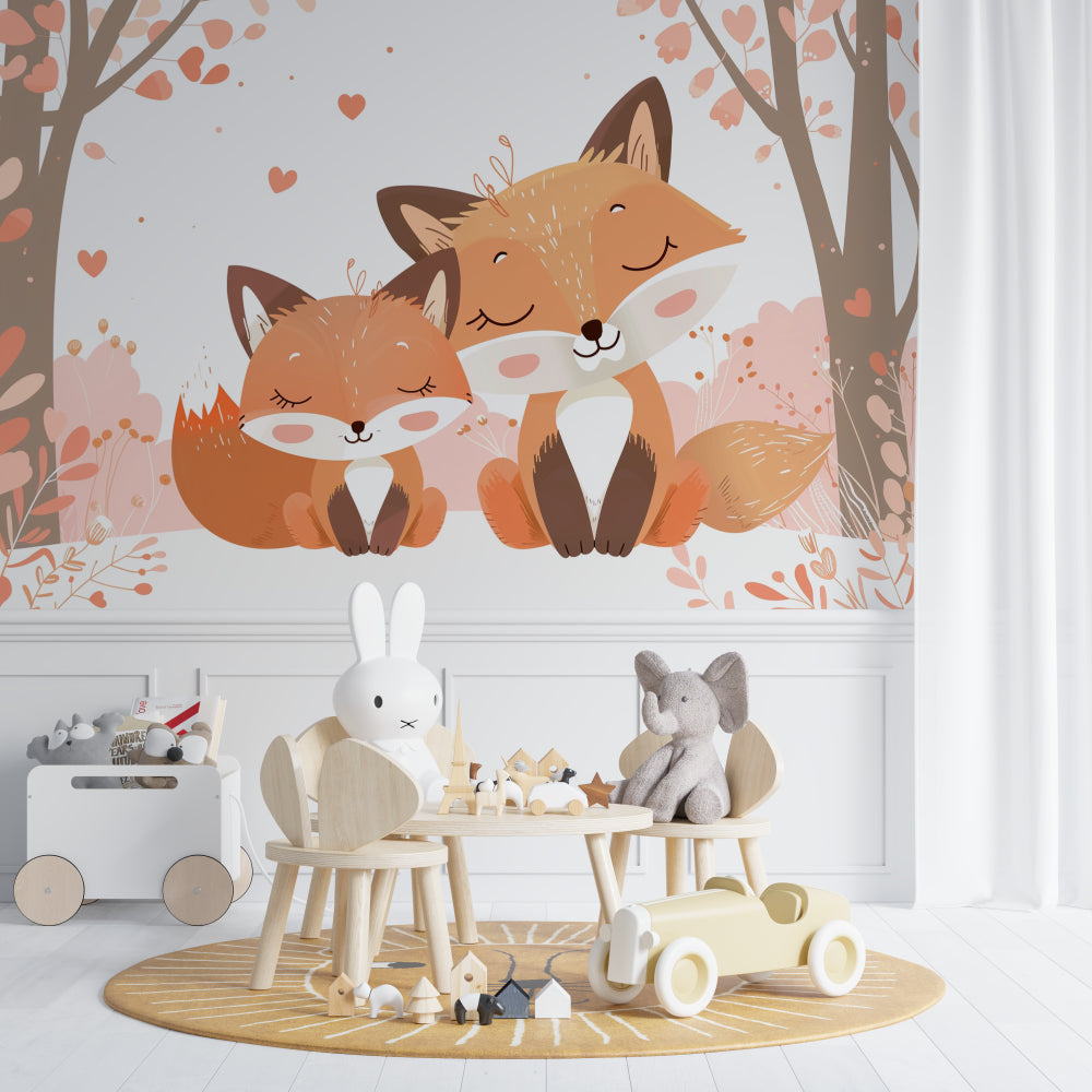 Fox couple nursery wallpaper displayed in a bright modern nursery with white furniture and soft pink accents