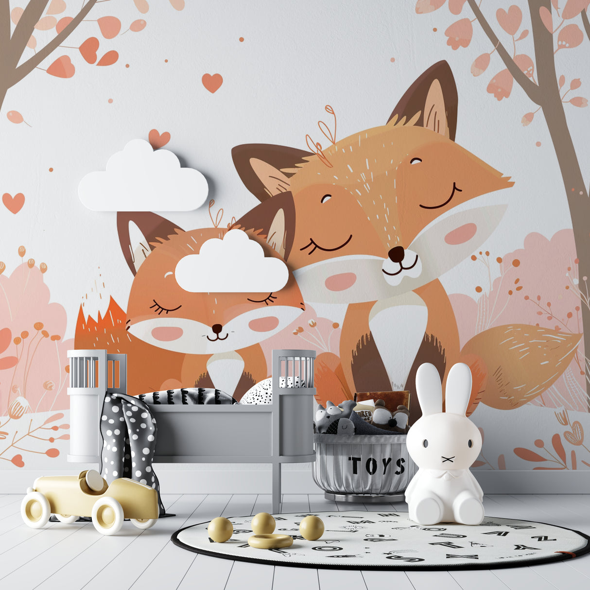 Forest animal mural featuring fox couple in a cozy reading nook with rocking chair
