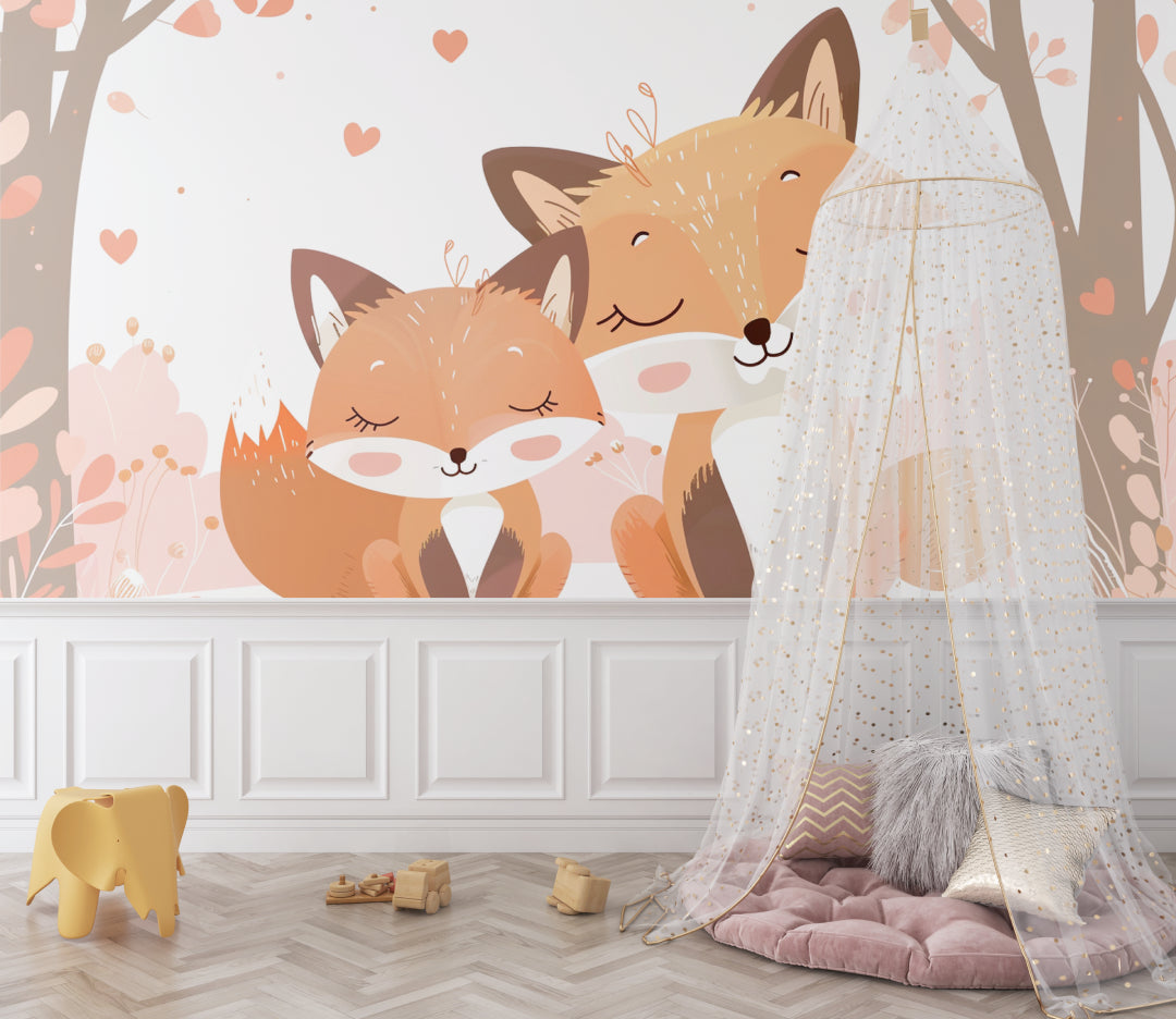 Fox mural wallpaper in a playroom setting with wooden toys and soft lighting