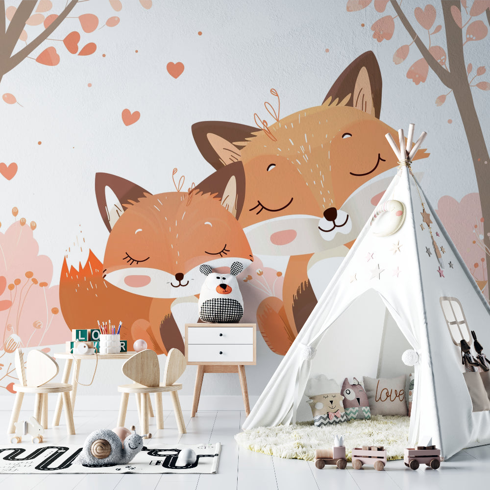Cute fox couple wall mural bringing warmth to a baby's room with minimal decor