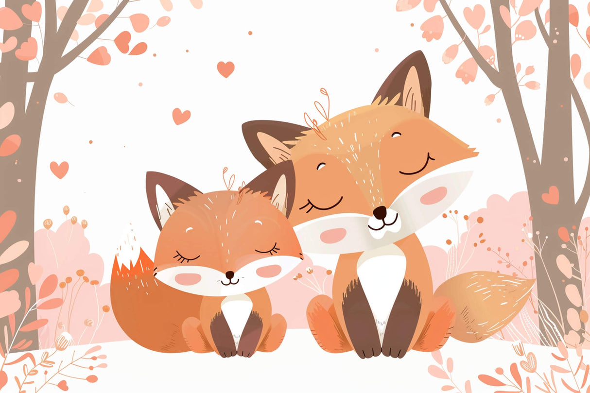 Design file showing sweet fox couple pattern with heart leaves and gentle color palette