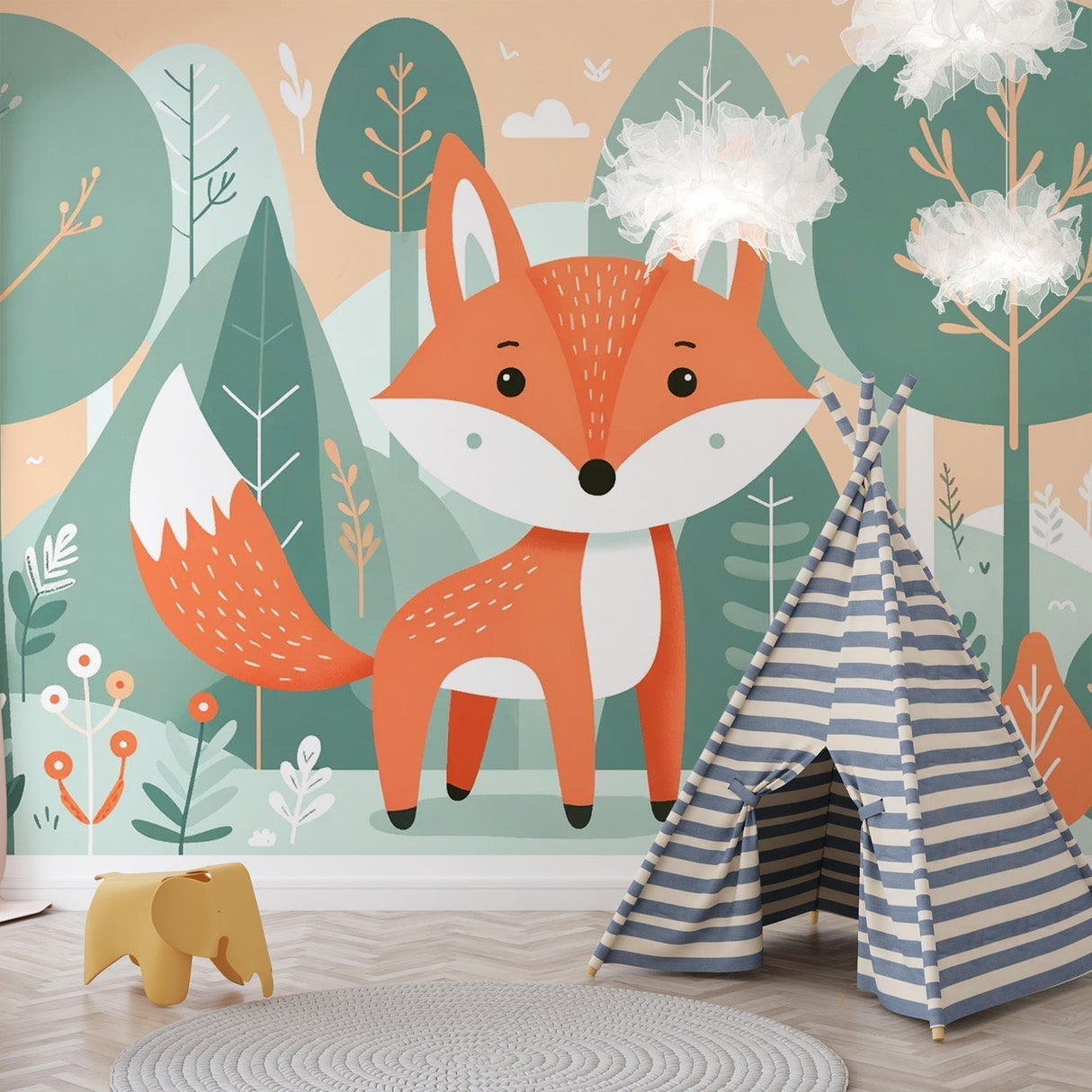 Forest fox wallpaper displayed in a bright nursery with white furniture, showing how the green trees create depth