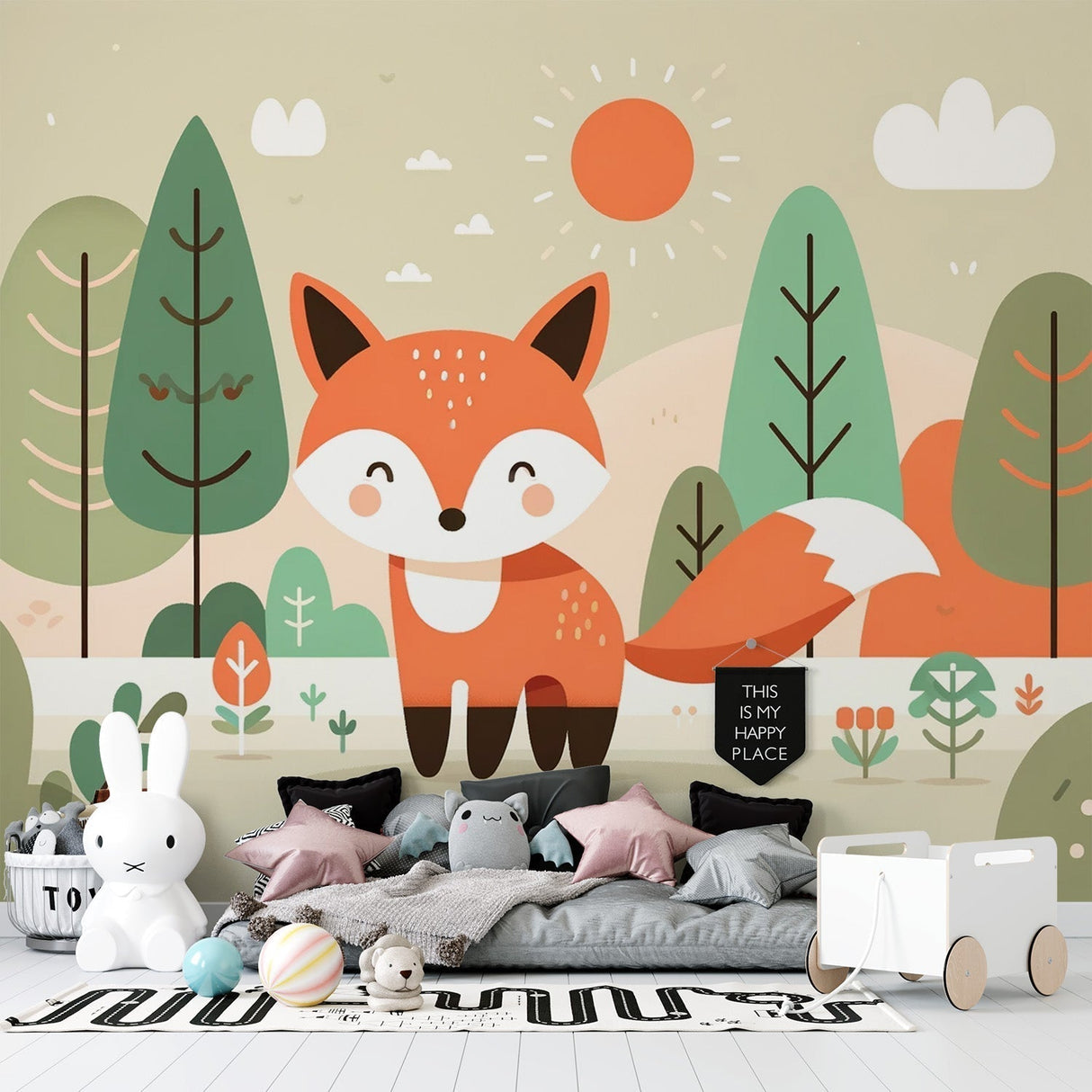 Forest animals wallpaper creating a cozy atmosphere in a bright nursery with natural wood furniture