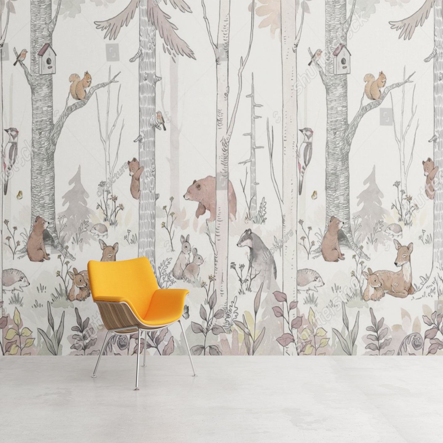 Forest animals wallpaper creating a cozy atmosphere in a bright nursery with white furniture and pink accents