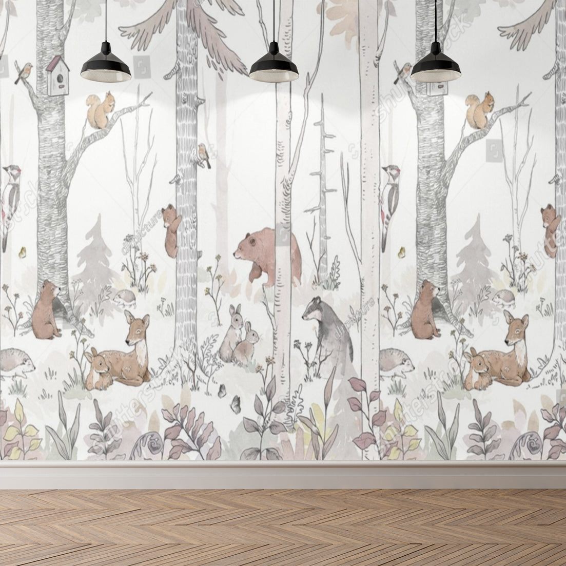 Woodland animals line art mural displayed in a children's playroom with natural wood elements