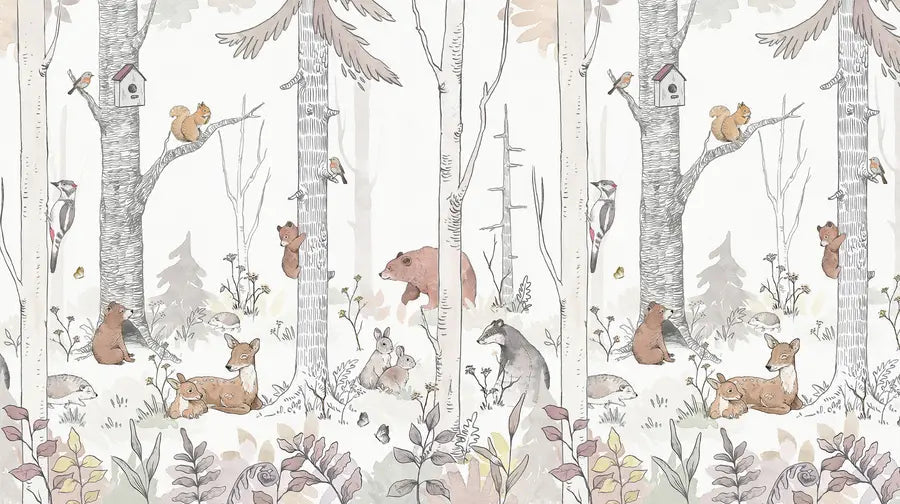 Forest animals line art design file showing full pattern with pink accent details