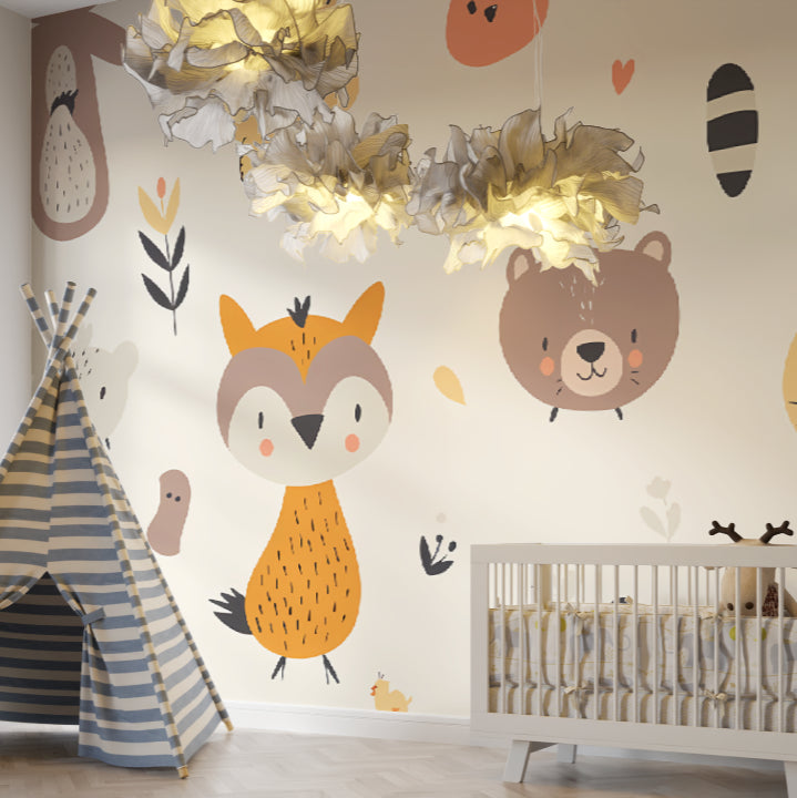 Forest Animals Wallpaper in bright nursery with white furniture showing fox and bear characters