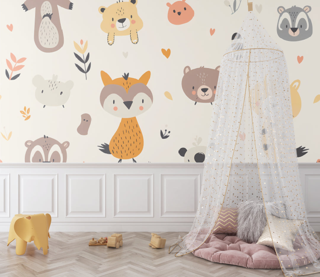 Woodland animal wallpaper creating cozy reading nook in children's bedroom