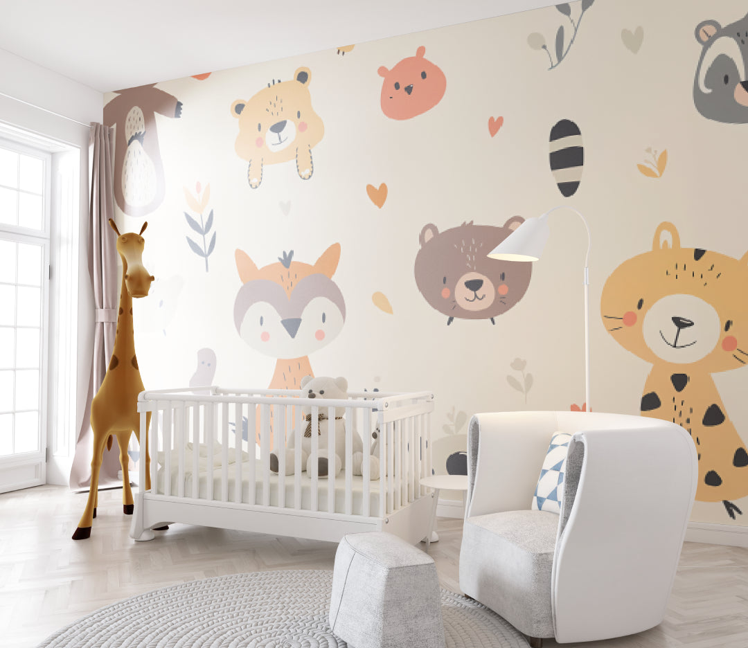 Woodland wallpaper in toddler's room with matching furniture