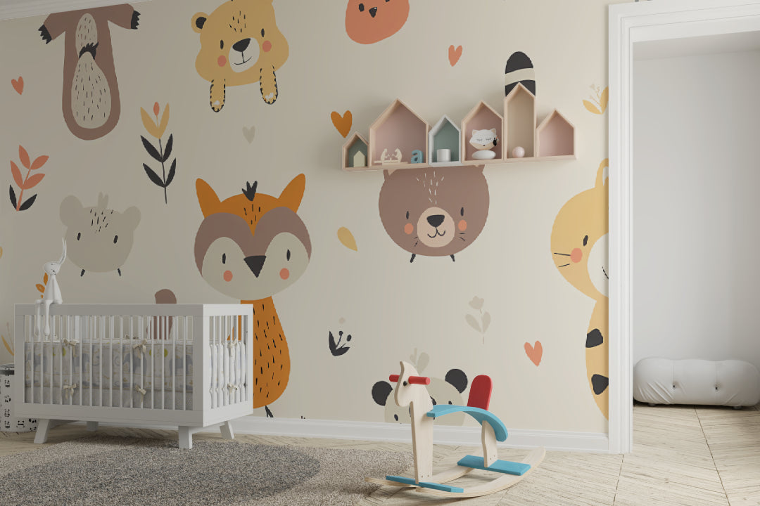 Woodland creatures mural in cozy kids reading nook with rocking chair