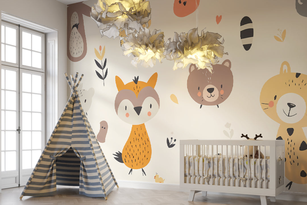 Nursery wall mural with fox and bear in modern minimal room setup
