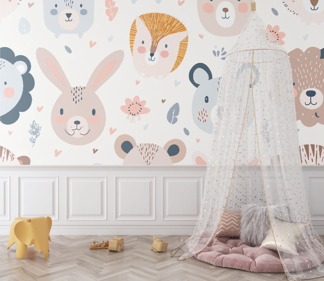 Forest animals wallpaper in cozy nursery with white furniture and soft lighting, showing playful woodland creatures