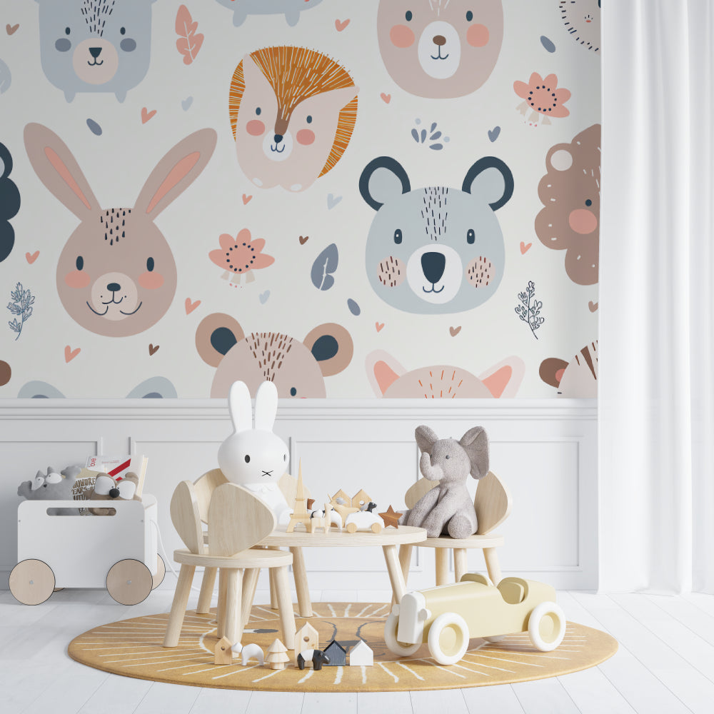 Peaceful toddler bedroom with forest animals mural wallpaper, featuring reading nook and natural decor