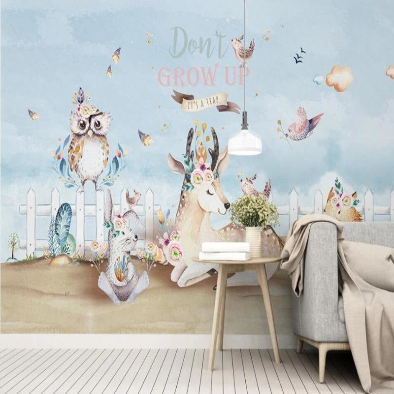 Forest wall mural with mint leaves showcased in a peaceful master bedroom setting