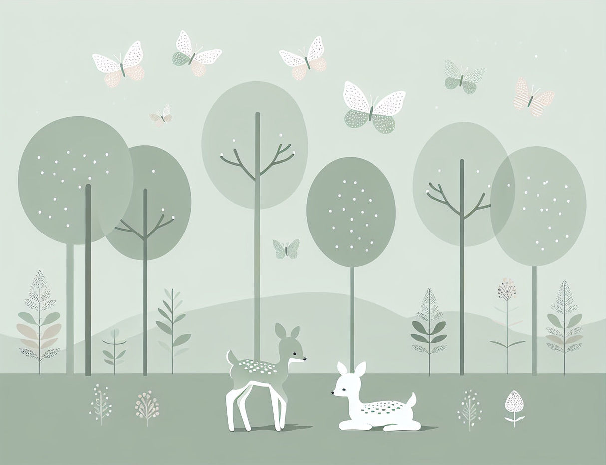 Forest animals wallpaper design file showing delicate deer and butterfly pattern in sage green tones