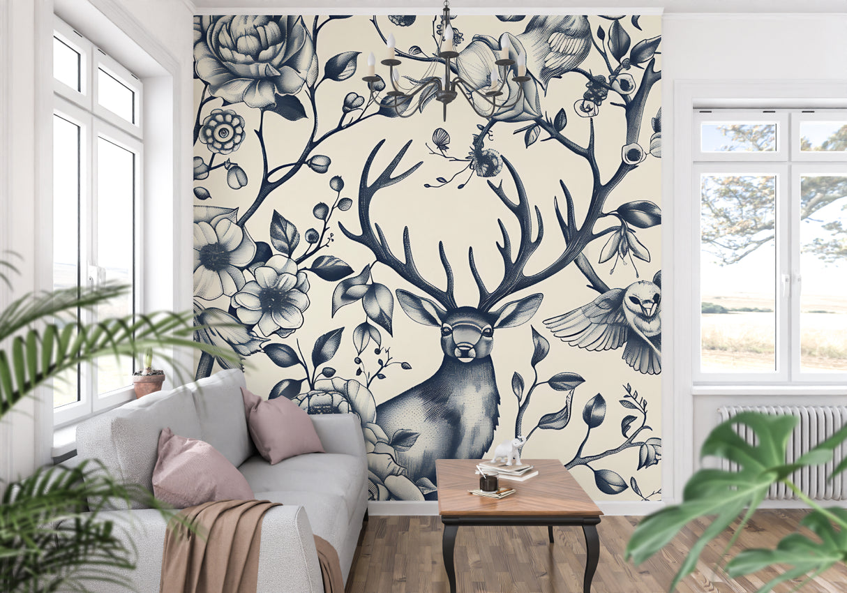 Forest Animals Wallpaper in cozy living room showing navy deer and floral pattern creating depth
