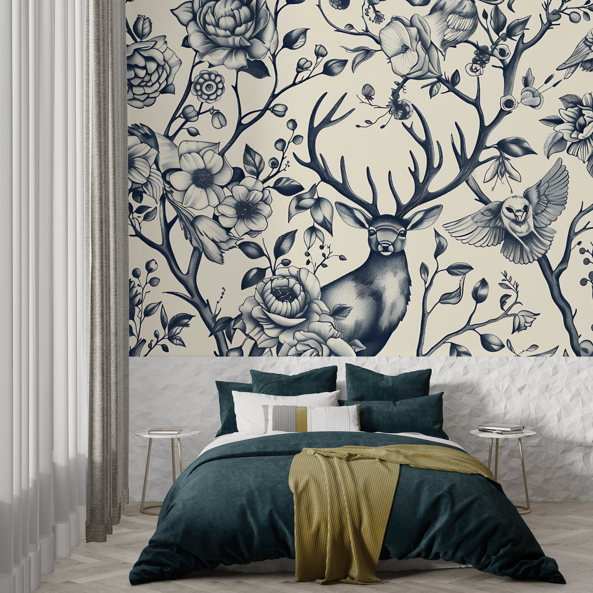 Woodland Deer Wallpaper displayed in master bedroom with navy and cream tones