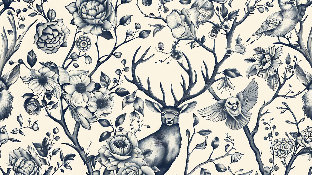 Forest Animals Wallpaper design file showing detailed deer and floral pattern in navy blue