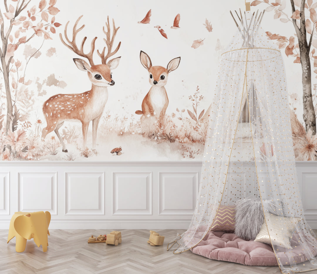 Forest animals wallpaper in cozy nursery with wooden crib and natural decor