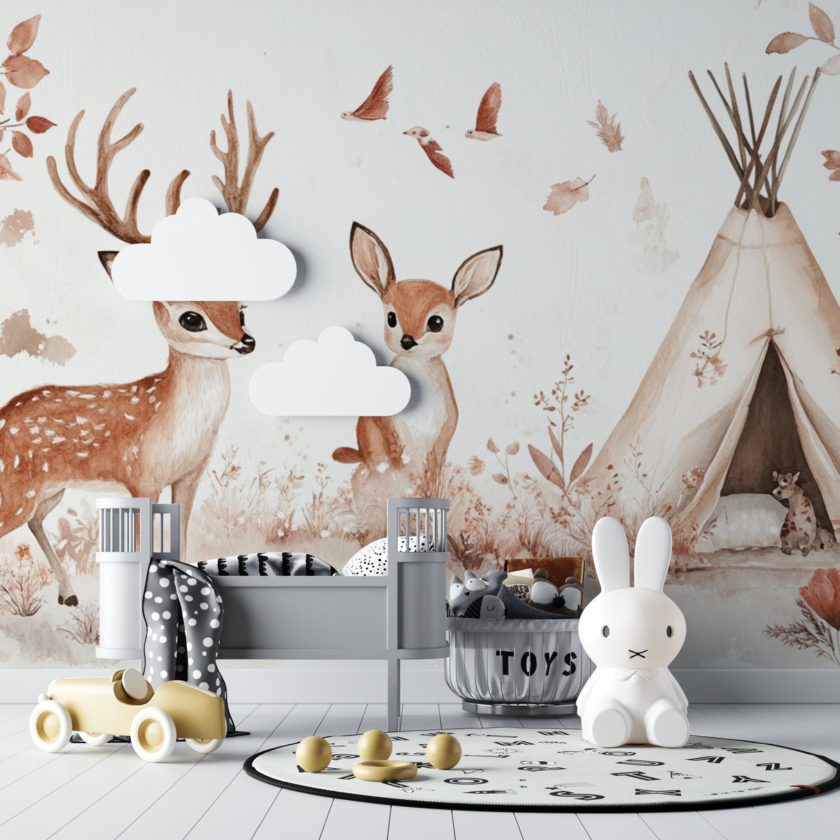 Woodland mural featuring deer in modern children's playroom setting