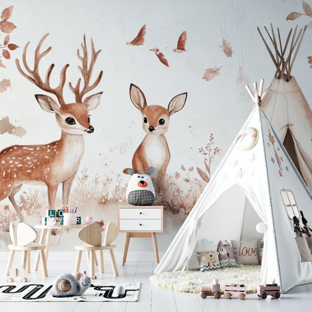 Forest animal wallpaper creating magical atmosphere in baby's reading nook