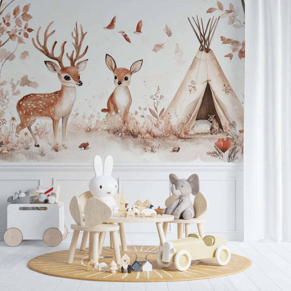 Teepee wallpaper design showcased in minimalist kid's bedroom