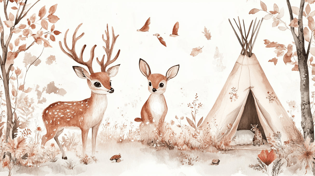 Watercolor forest animals design file showing detailed deer and teepee pattern