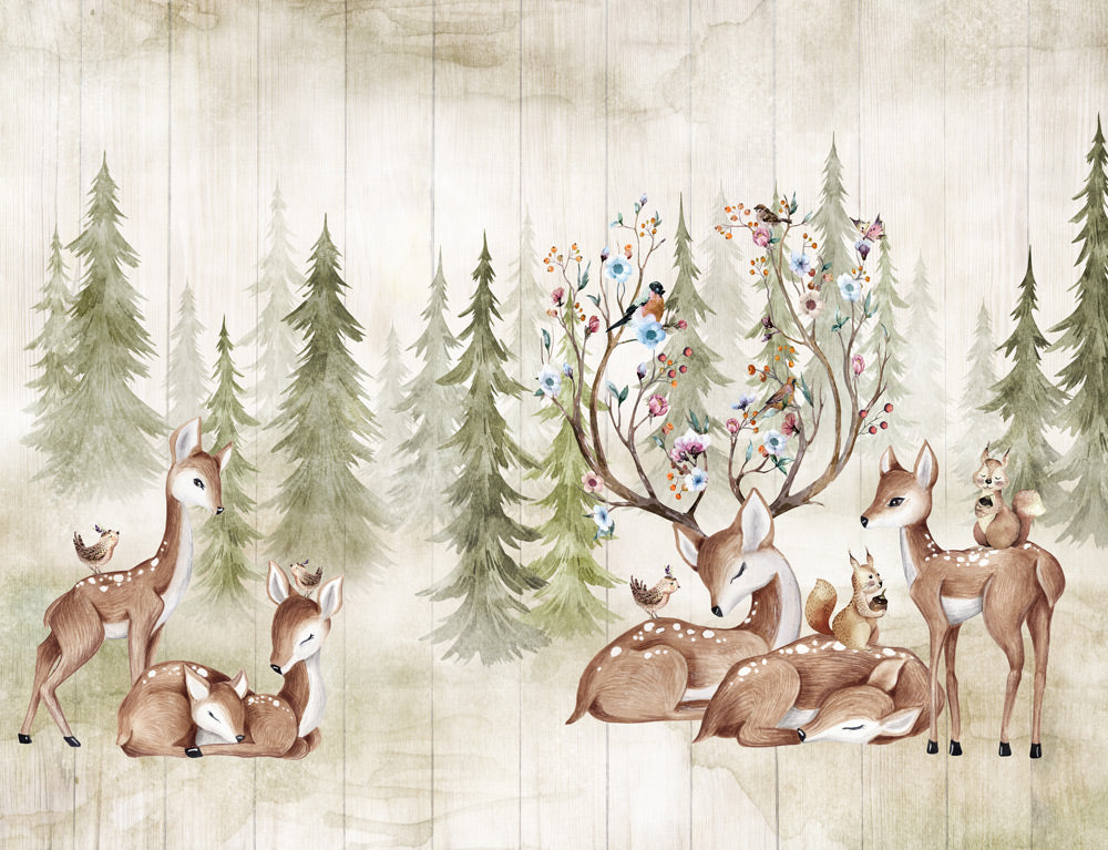 Forest Animals Wallpaper in cozy nursery setting, showing deer family with floral antlers against soft pine backdrop