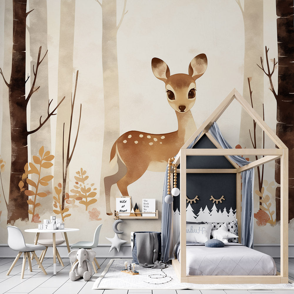 Forest animals wallpaper in cozy nursery setting with natural light showing deer and autumn leaves