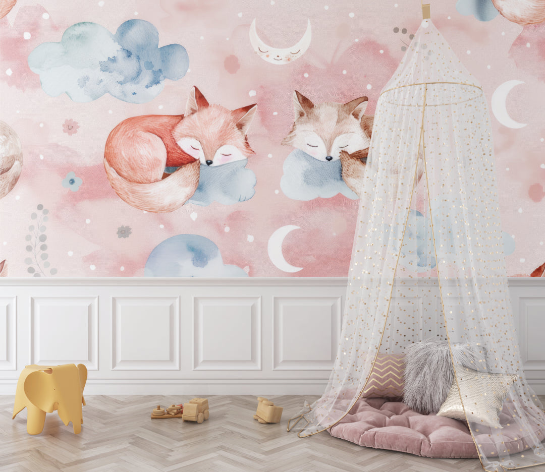 Fox and moon mural wallpaper in a playroom setting with natural light