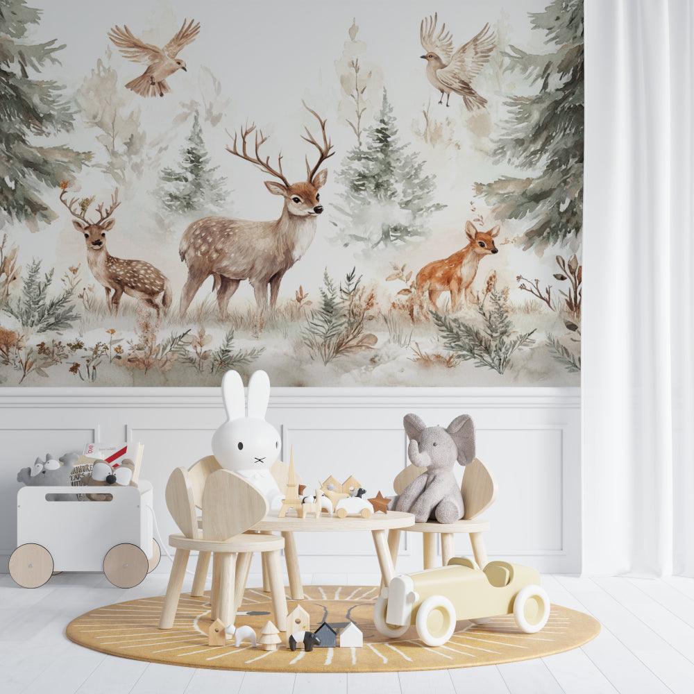 Woodland Deer Wallpaper creating magic in child's reading nook