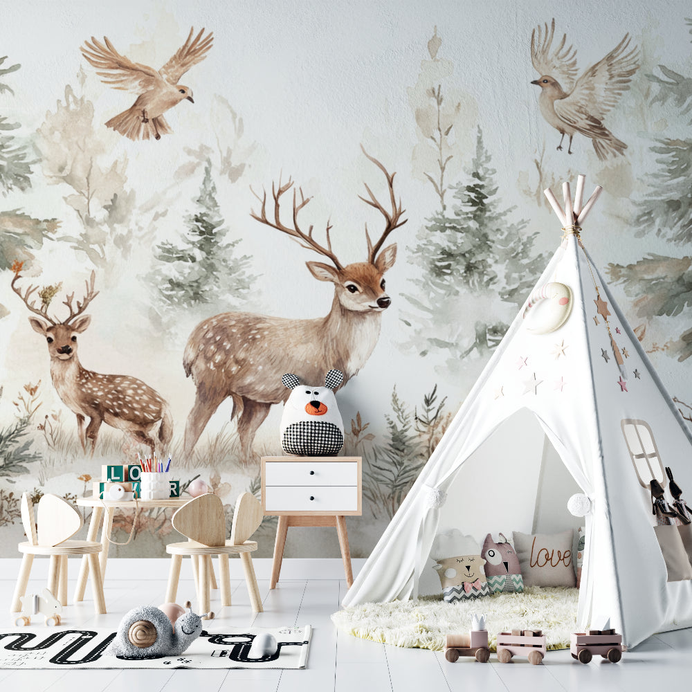 Forest Animal Mural in modern playroom setting with natural toys