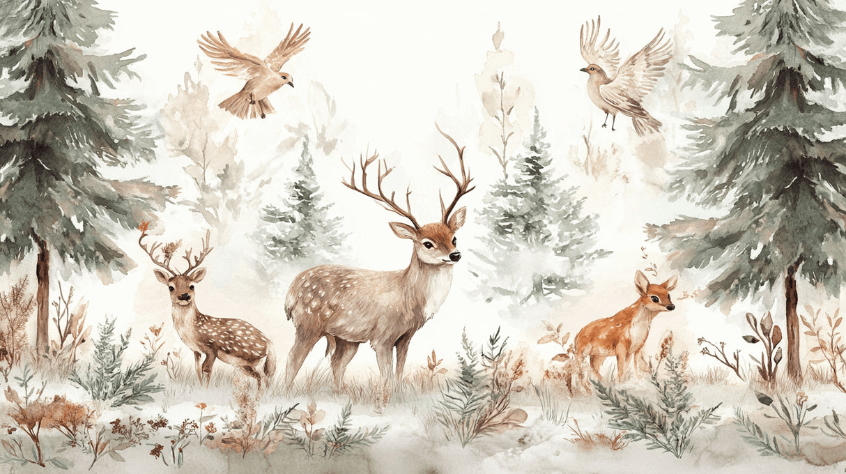 Enchanted forest design file with detailed deer and birds in soft watercolor style
