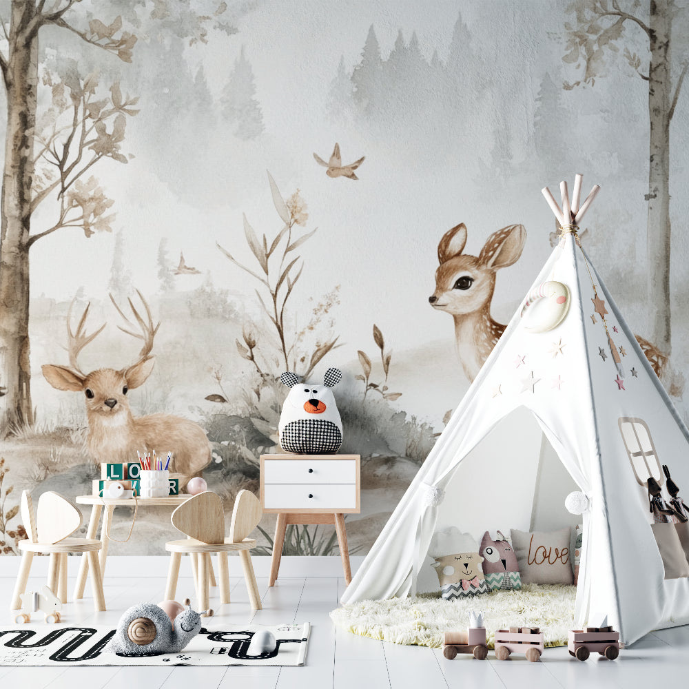 Forest Animals Wallpaper in cozy nursery with rocking chair and soft lighting, showing gentle deer scene