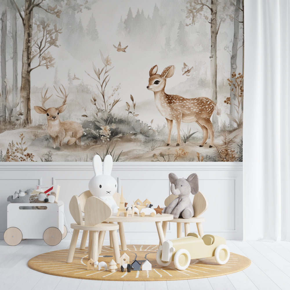 Woodland deer wallpaper creating magic in child's reading nook with floor cushions