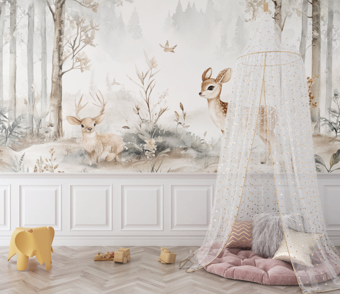 Enchanted forest mural in master bedroom showing peaceful deer and birds design