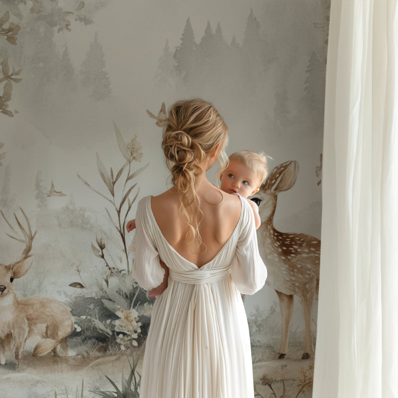 Forest animal wallpaper bringing nature into modern living room with minimalist furniture