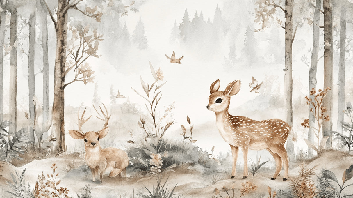 Forest Animals Wallpaper design file showing detailed deer and birds in misty woodland scene