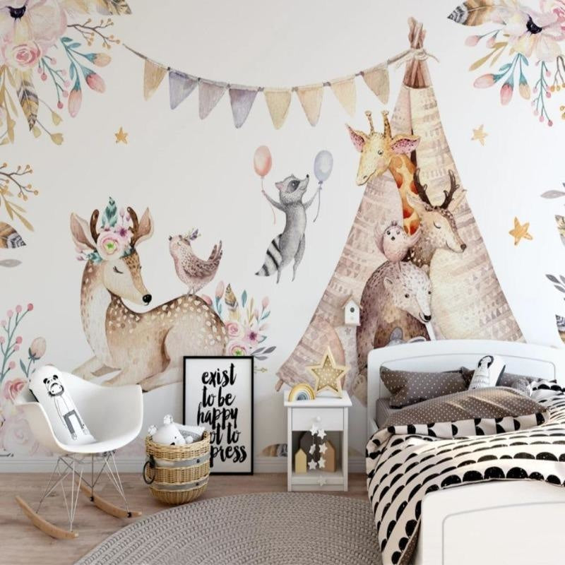 Enchanted forest mural creating magic in girl's bedroom with soft pink accents