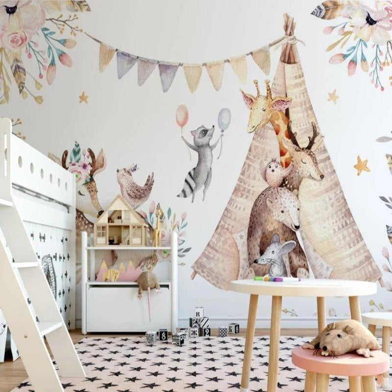 Woodland animal wallpaper bringing nature into playroom with reading nook