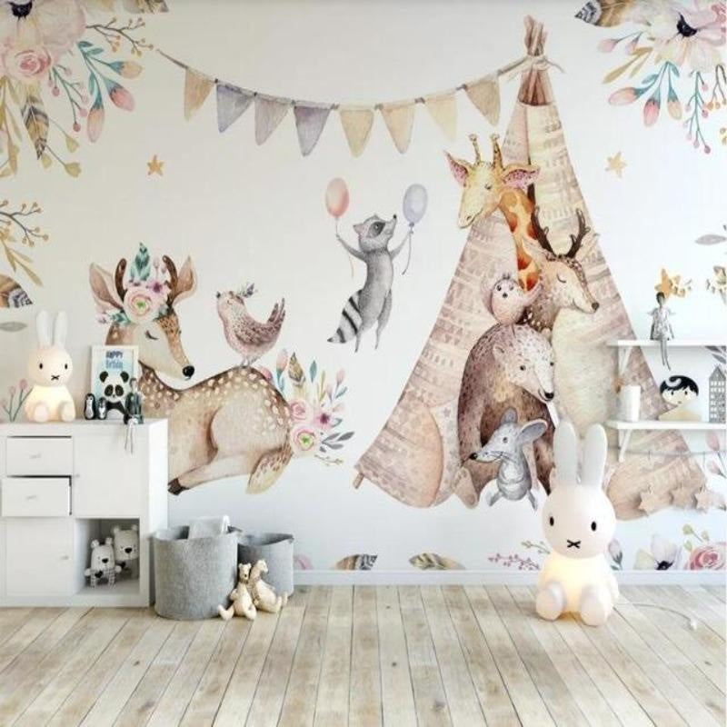 Forest themed nursery with deer wallpaper and natural wood furniture