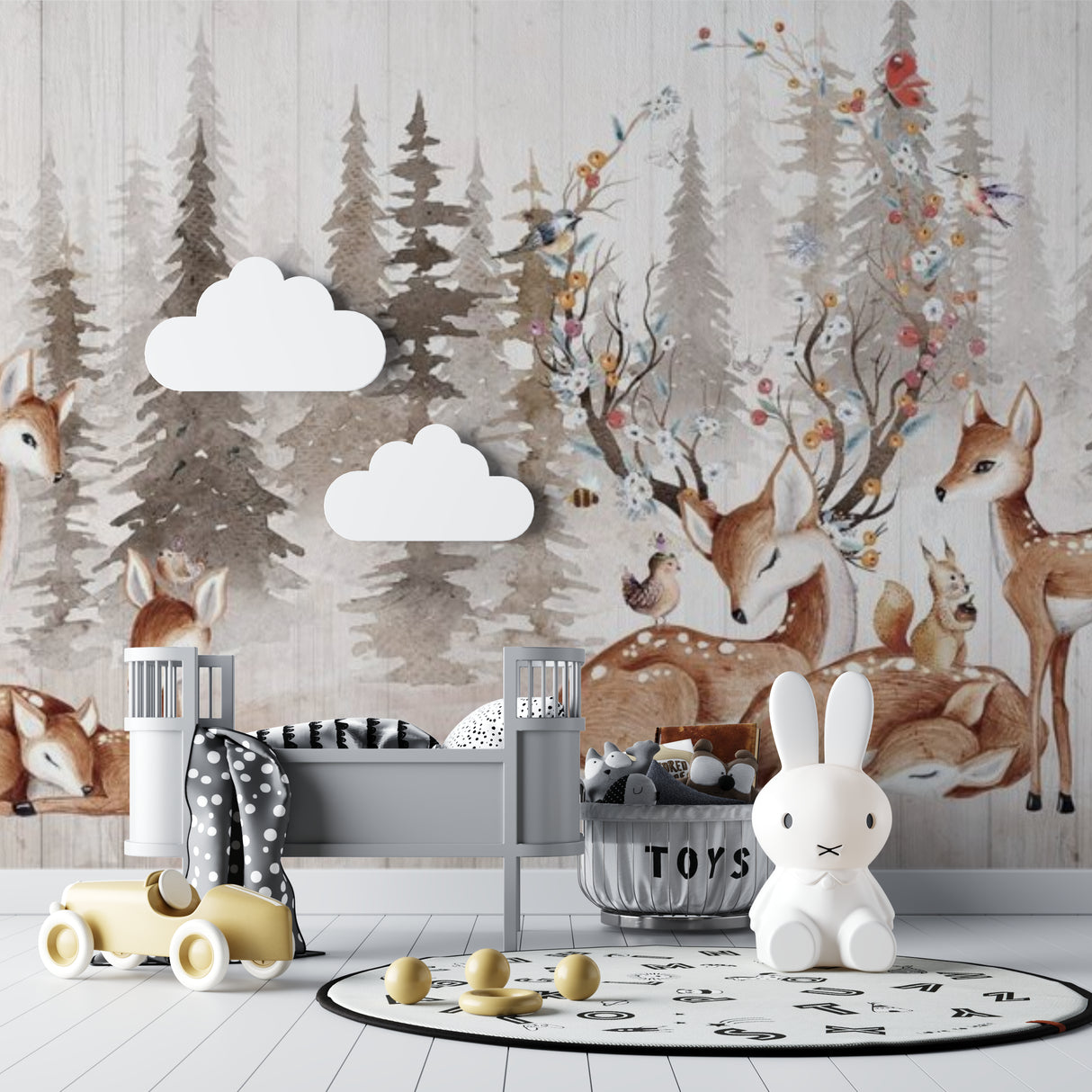 Woodland animals mural in a cozy reading nook with natural light